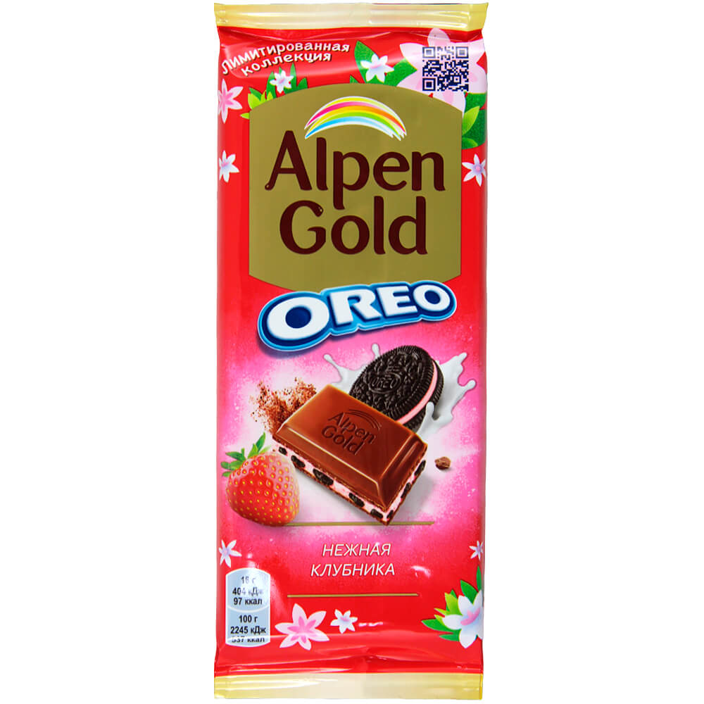 Фото: Шоколад молочный "Alpen Gold Oreo" "Нежная клубника" с клубничной начинкой и кусочками печенья, 90г