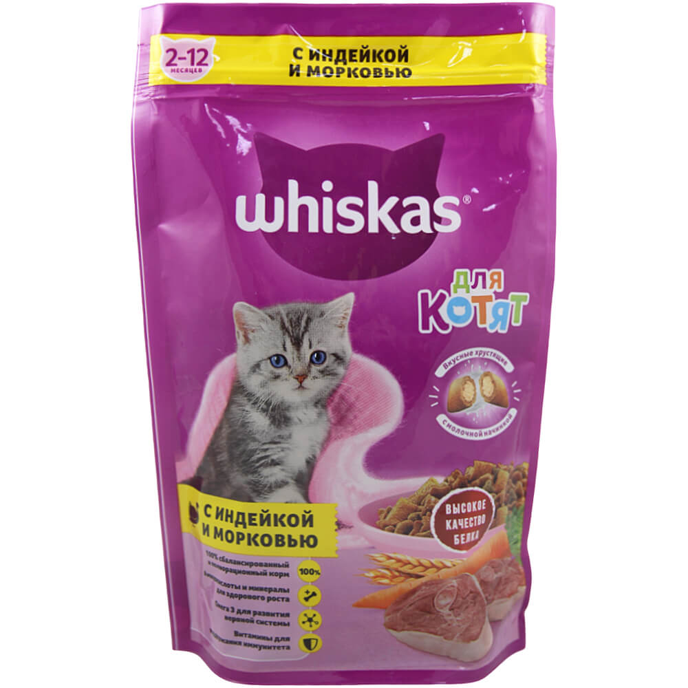 Фото: Корм полнорационный сухой "Whiskas" вкусные подушечки с молоком "Аппетитные ассорти" с индейкой и морковью для котят от 2 до 12 месяцев, 350г